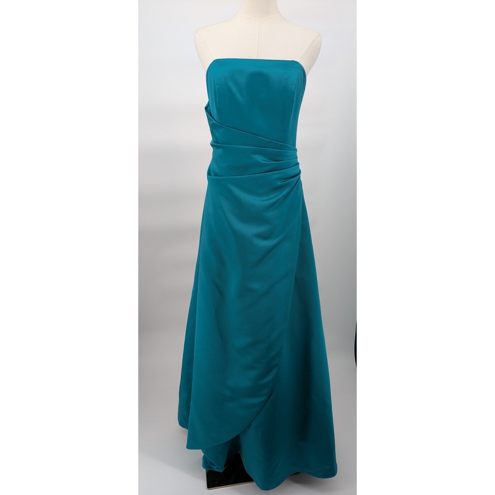 David's Bridal Strapless Gown Womens 10 Teal Ruched Satin Formal Bridesmaid 8567